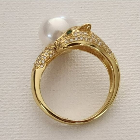 925S Genuine 10 mm Freshwater Pearl Adjustable Gold Ring With Leopard Design - Picture 11 of 16